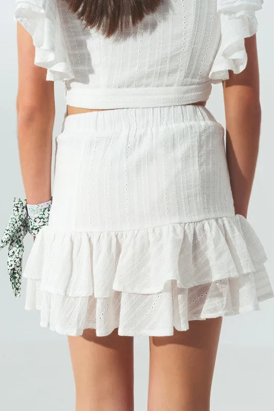 Broderie Frill Mini Skirt in White