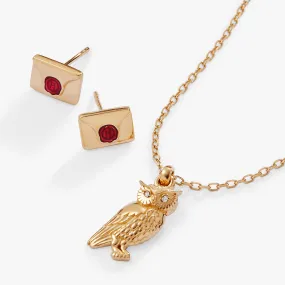 Harry Potter Owl and Hogwarts Letter Necklace and Earring Set, 14kt Gold Plated