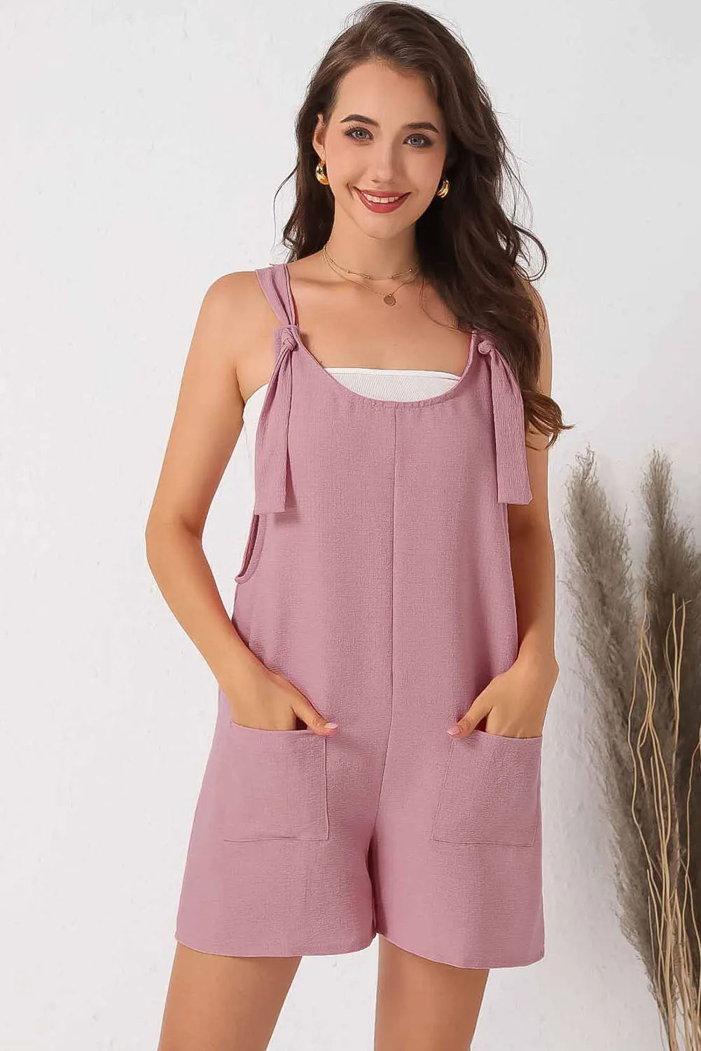 Pink Adjustable Straps Pocketed Textured Romper