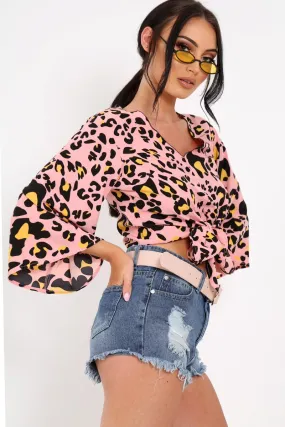 Pink Leopard Print Tie Front Shirt - Ikran