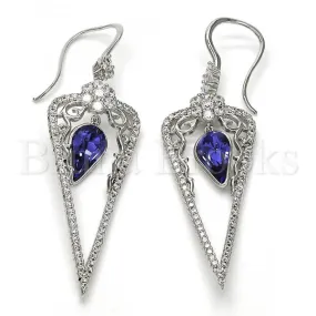 Rhodium Plated 02.26.0155 Long Earring, Teardrop and Flower Design, with Tanzanite Swarovski Crystals and White Cubic Zirconia, Polished Finish, Rhodium Tone