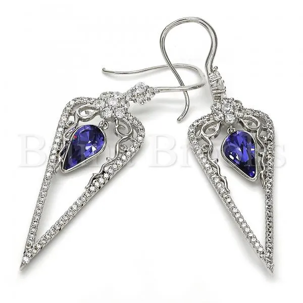 Rhodium Plated 02.26.0155 Long Earring, Teardrop and Flower Design, with Tanzanite Swarovski Crystals and White Cubic Zirconia, Polished Finish, Rhodium Tone