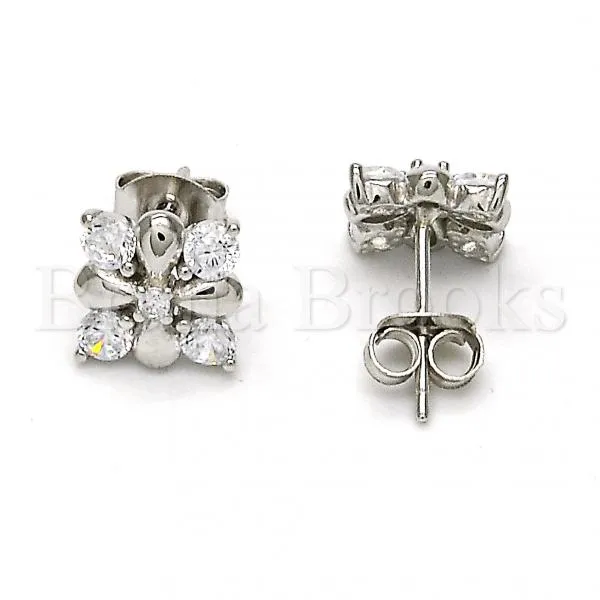 Sterling Silver 02.285.0025 Stud Earring, Flower Design, with White Cubic Zirconia, Polished Finish, Rhodium Tone