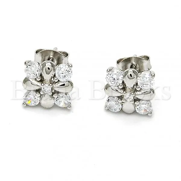 Sterling Silver 02.285.0025 Stud Earring, Flower Design, with White Cubic Zirconia, Polished Finish, Rhodium Tone