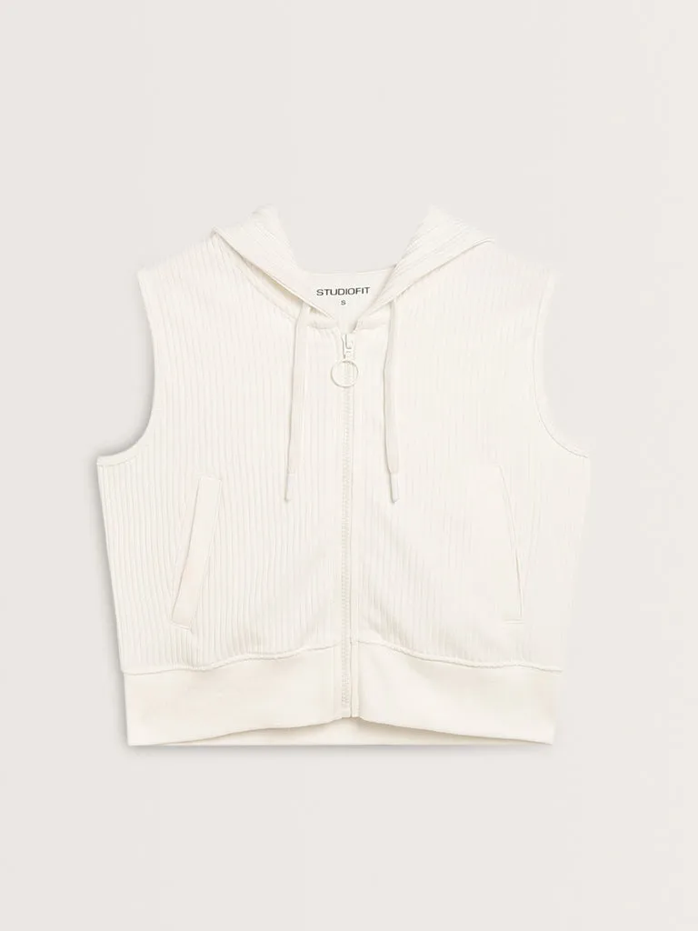 Studiofit White Ribbed Textured Cotton Jacket