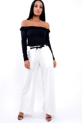 White High Waist Flare Trousers with Black Sash Belt - Lila