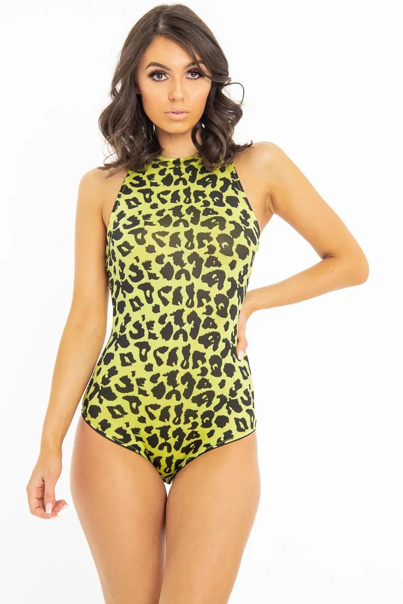 Yellow Leopard Print Halter Neck Sleeveless Bodysuit - Aarika