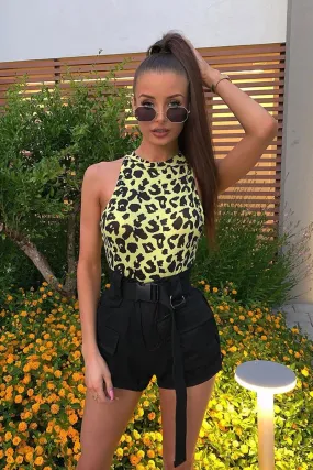 Yellow Leopard Print Halter Neck Sleeveless Bodysuit - Aarika