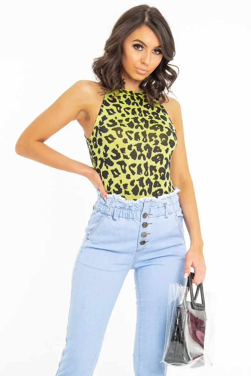 Yellow Leopard Print Halter Neck Sleeveless Bodysuit - Aarika